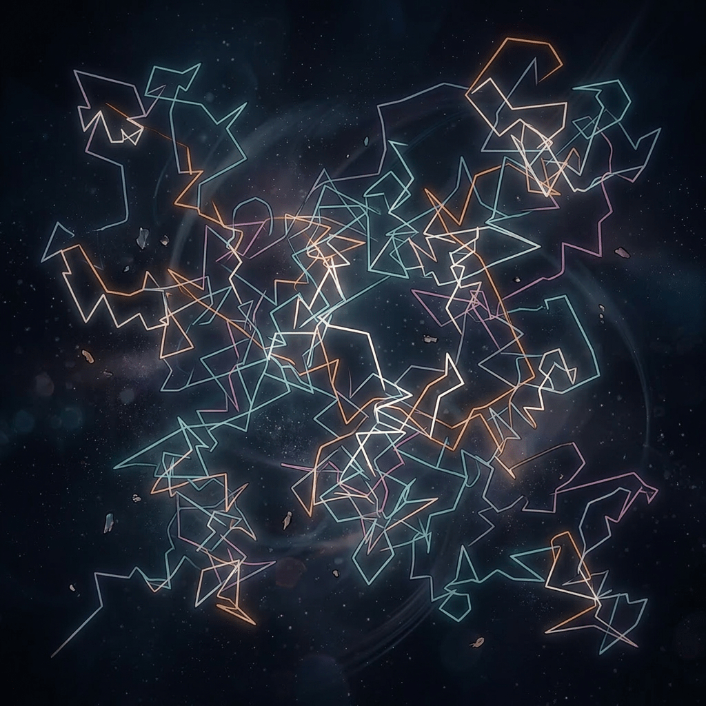 Colorful neon zigzag lines on dark cosmic background